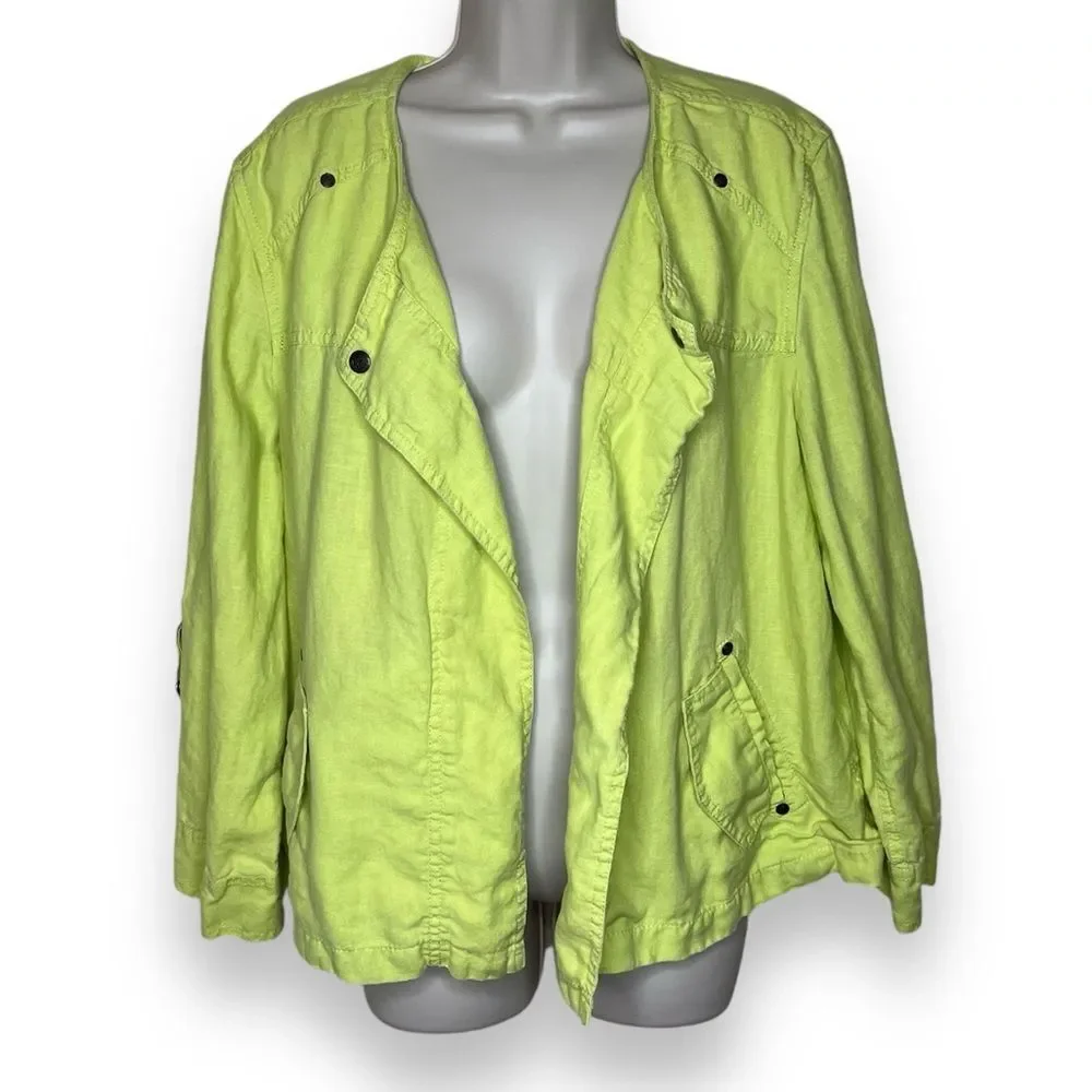 Chicos Drape Front Easy Linen Jacket Chartreuse Roll Tab Sleeve Women Size Large